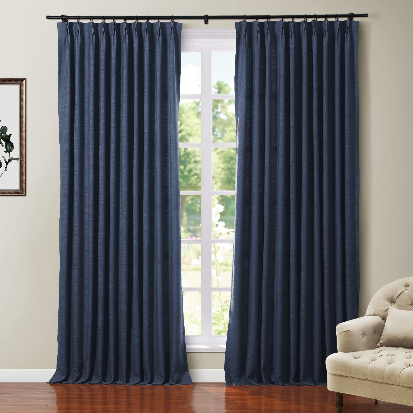 Twopages Faux Linen Curtain 96 Inches Long Blackout Deep Blue Textured Curtain With Liner For Living Room Thermal Insulated Drap